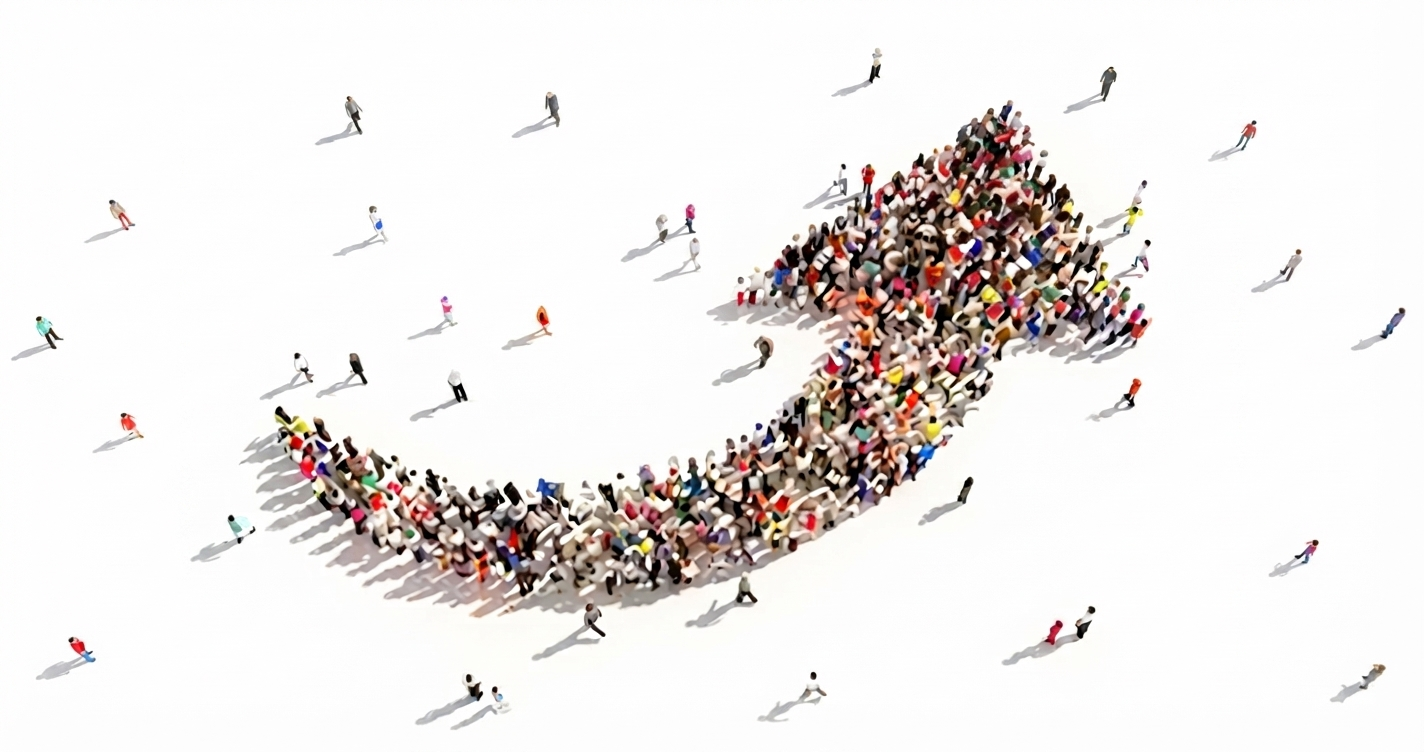 an Aerial Photograph on a White Background Showing a Large, Dense Crowd of Hundreds of Tiny, Colorful People Forming the Shape of a Large, Swooping, Upward-pointing Arrow, Surrounded by Scattered Individual Figures.