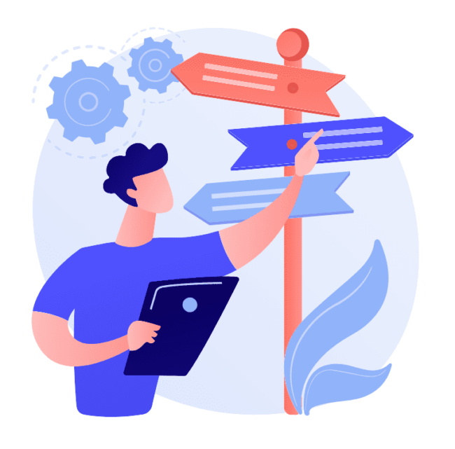 A person checking directions with a map and signposts