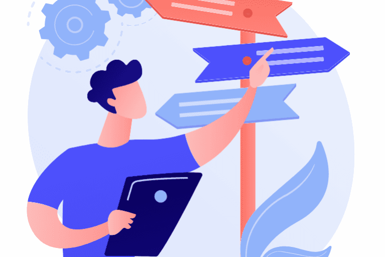 A person checking directions with a map and signposts