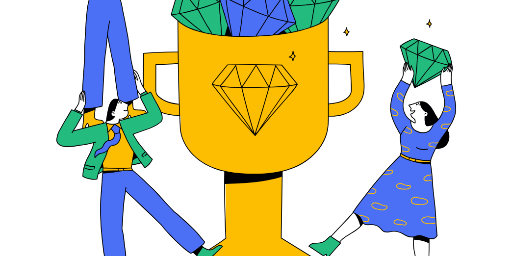 People work together to fill a giant gold trophy with blue and green diamonds, symbolizing teamwork and achievement.