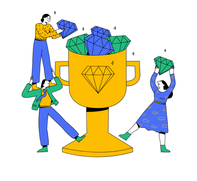 People work together to fill a giant gold trophy with blue and green diamonds, symbolizing teamwork and achievement.