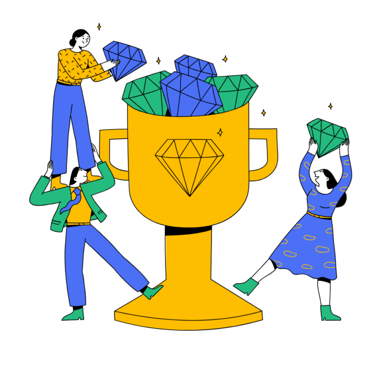 People work together to fill a giant gold trophy with blue and green diamonds, symbolizing teamwork and achievement.