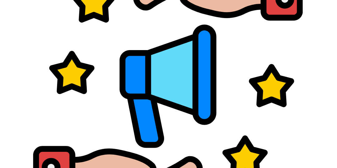 sponsorship-advantage Two hands around a blue megaphone with yellow stars, symbolizing support and promotion