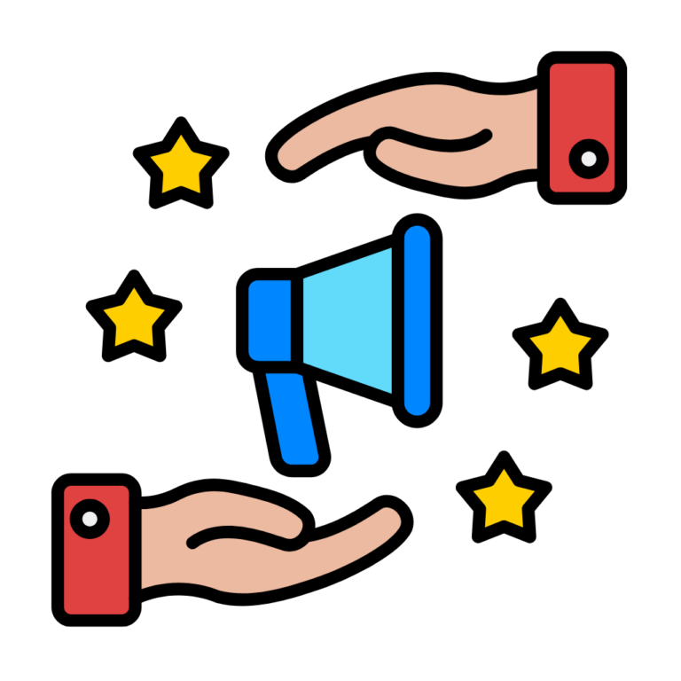 Two hands around a blue megaphone with yellow stars, symbolizing support and promotion