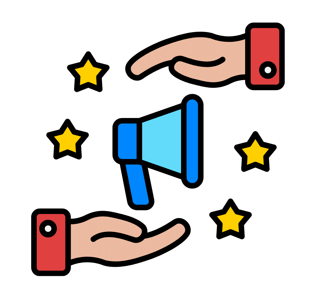 Two hands around a blue megaphone with yellow stars, symbolizing support and promotion