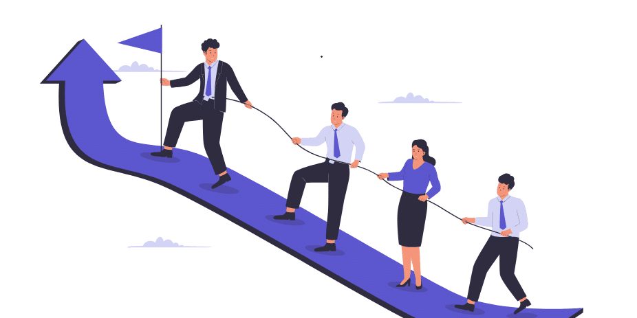 agenda-to-action-meeting-facilitation Four businesspeople in suits pull a rope along a curved purple arrow, climbing toward a flag at the top of the incline.