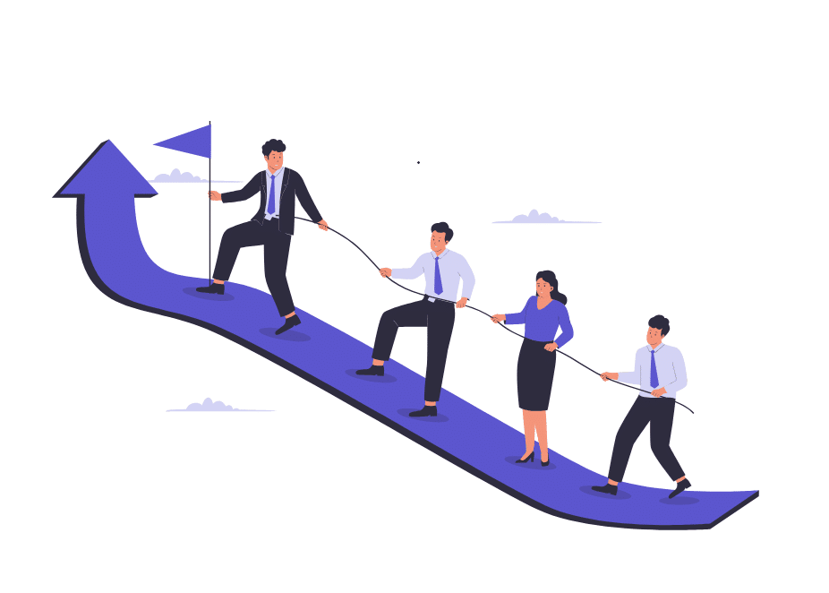 Four businesspeople in suits pull a rope along a curved purple arrow, climbing toward a flag at the top of the incline.