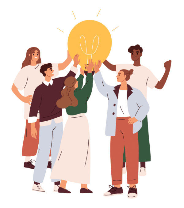 Diverse group of people with hands together around a large glowing lightbulb, symbolizing teamwork and shared ideas.