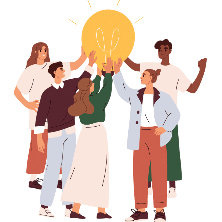 Diverse group of people with hands together around a large glowing lightbulb, symbolizing teamwork and shared ideas.