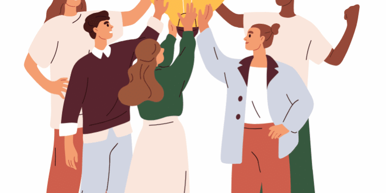 Diverse group of people with hands together around a large glowing lightbulb, symbolizing teamwork and shared ideas.