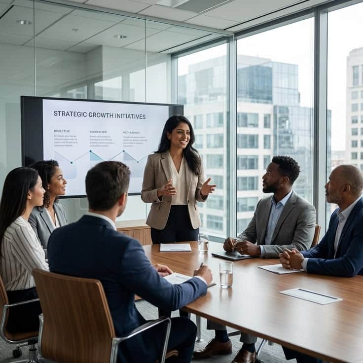 Woman Presenting a Business Plan to Colleagues in a Glass-walled Conference Room; Slide Reads 'strategic Growth Initiatives'.