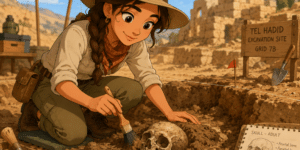 Young woman archaeologist kneels at a dig site, brushing dirt from a skull beside a marked excavation area with Tel Hadid sign.