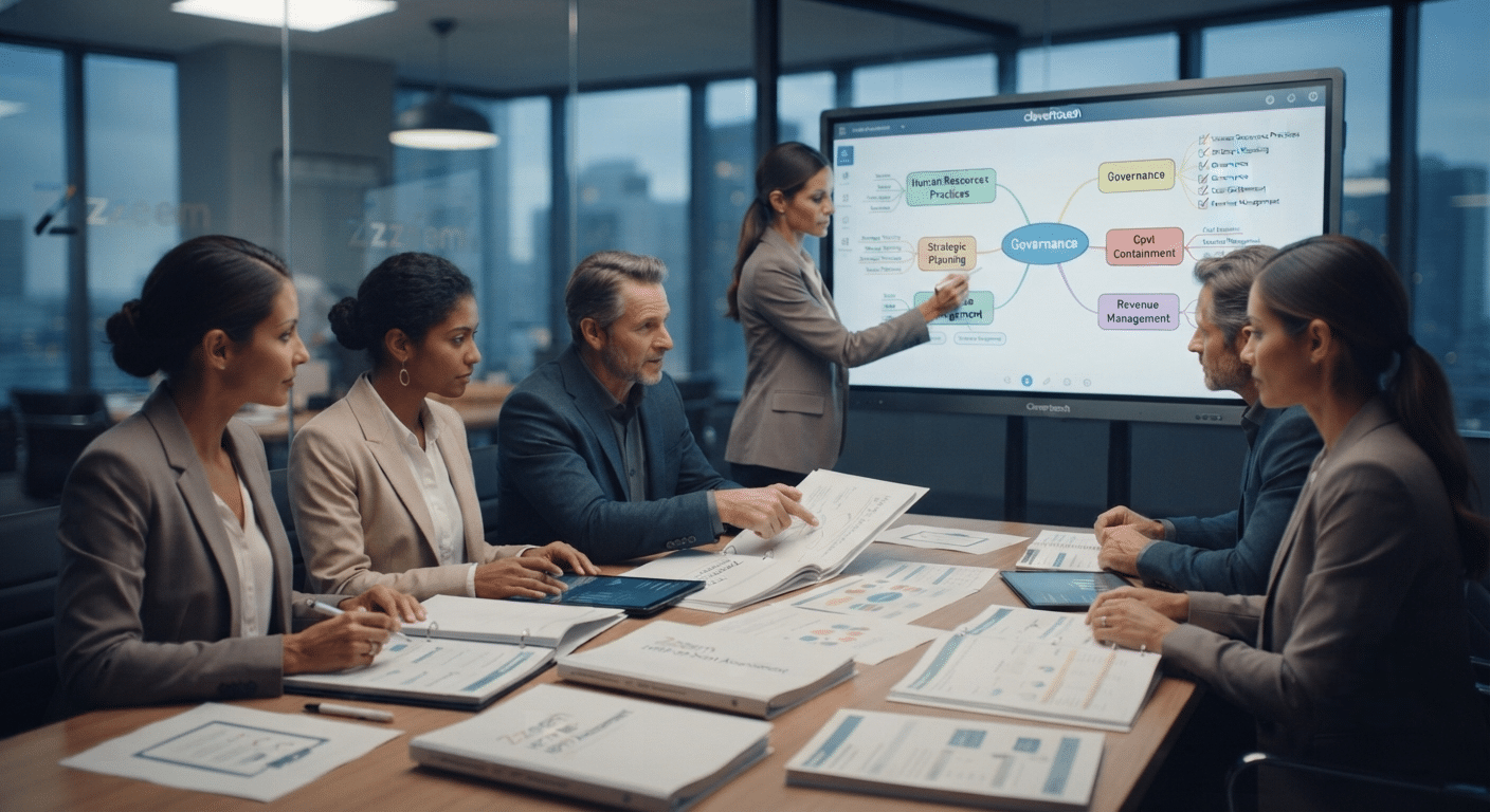 Group of Professionals in a Boardroom Watching a Presenter Explain a Governance Mind Map on a Large Screen.