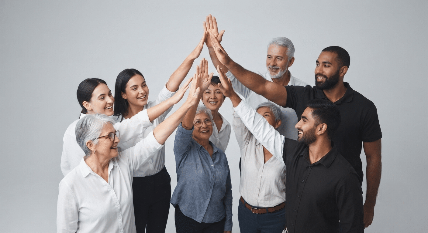 Gemini Generated Image 5s8q4w5s8q4w5s8q Photoroom | Zzeem | Zzeem Diverse Group of Coworkers Giving a High-five in a Neutral Studio, Celebrating Teamwork.