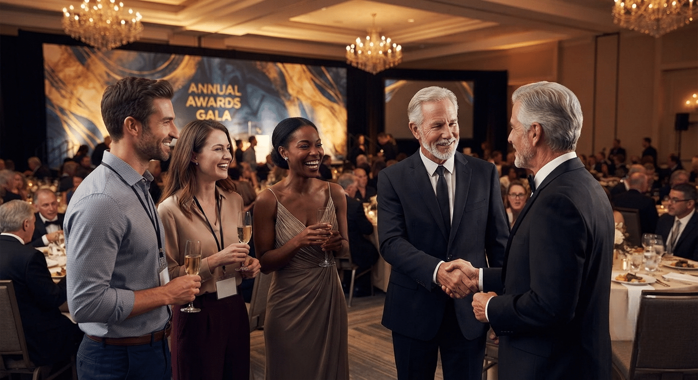 Professionals at a formal gala toast and chat, with two men in suits shaking hands in the foreground.