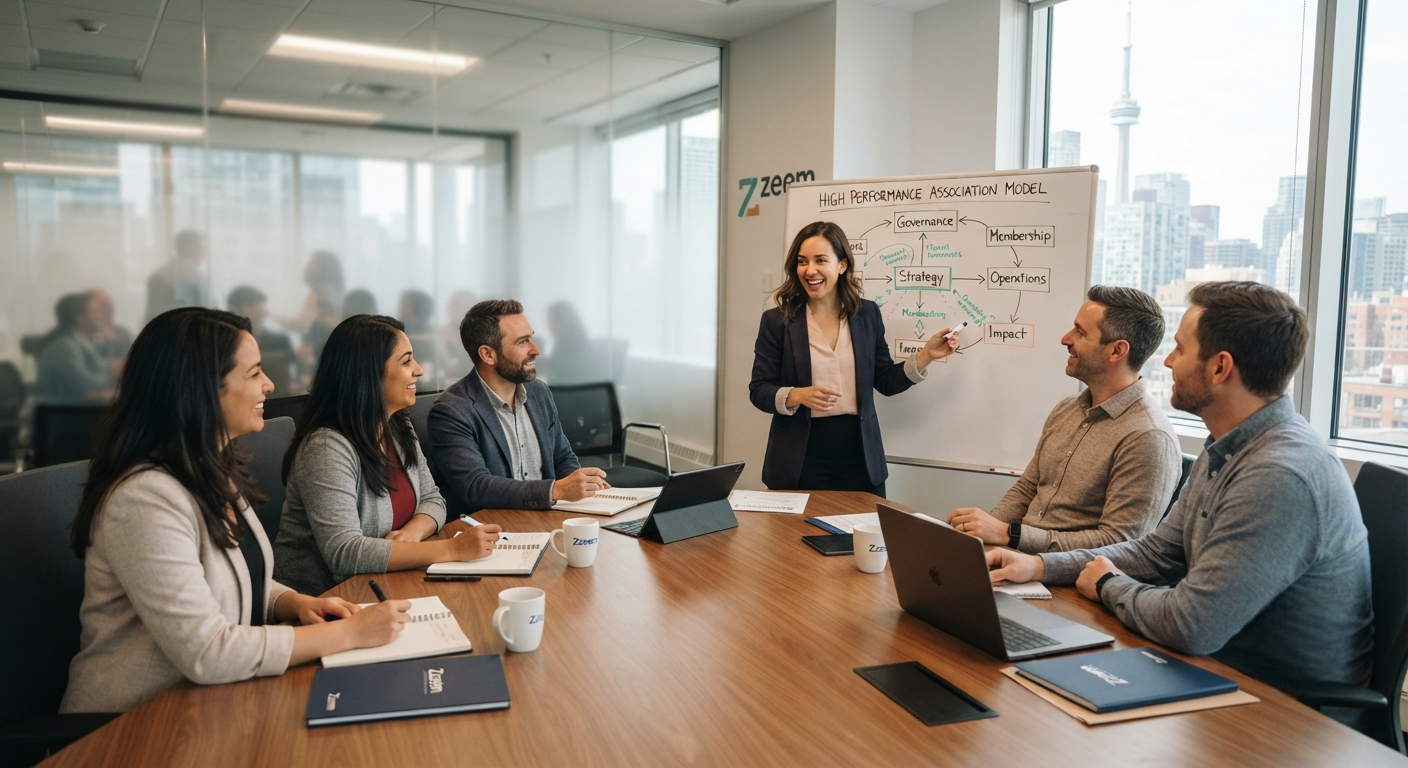 Team of Six in a Modern Conference Room Listening to a Woman Presenting a Workflow Diagram on a Whiteboard by the Window with a City Skyline. She Points to the Diagram While Colleagues Take Notes and Type on Laptops.