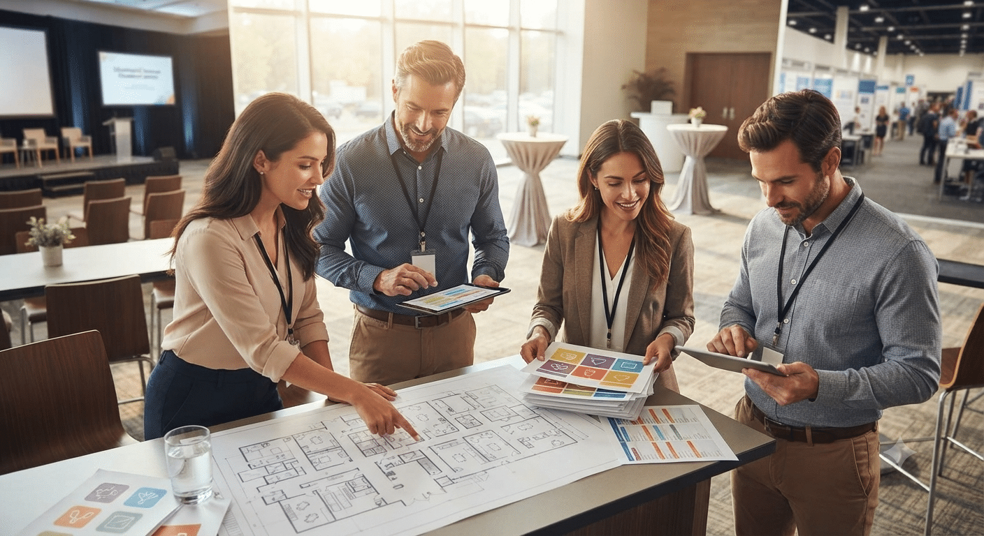 Four professionals gather around a table reviewing architectural blueprints at a bright conference venue.