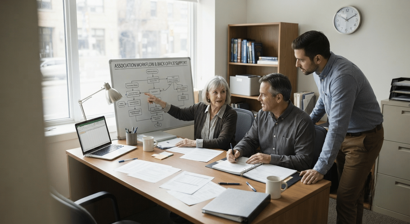 Colleagues in a Bright Office Review a Workflow Diagram on a Whiteboard, with a Laptop and Documents on the Table.