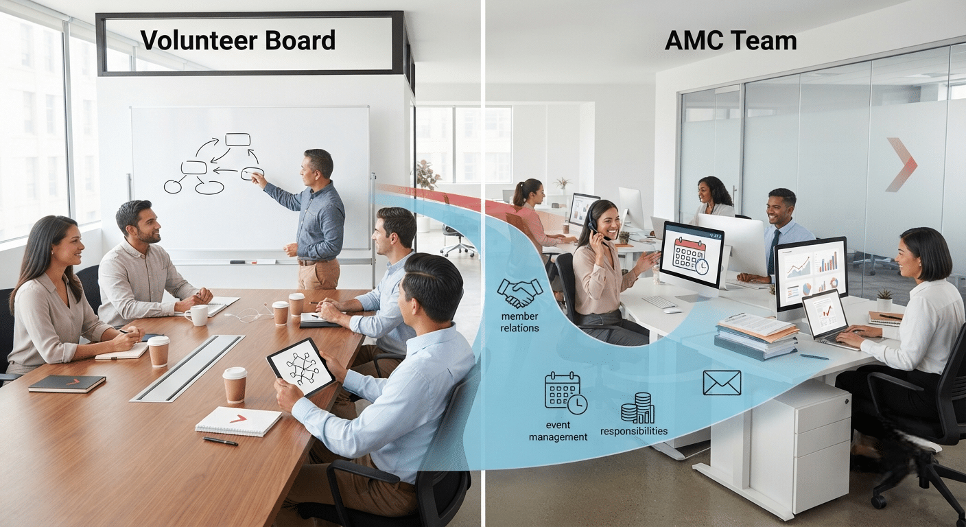 Open-plan Conference Room Split into Two Areas: Left Shows a 'volunteer Board' Sign with a Presenter at a Whiteboard; Right Shows an 'amc Team' Workspace with Staff at Computers, Connected by a Blue Arc of Collaboration Icons
