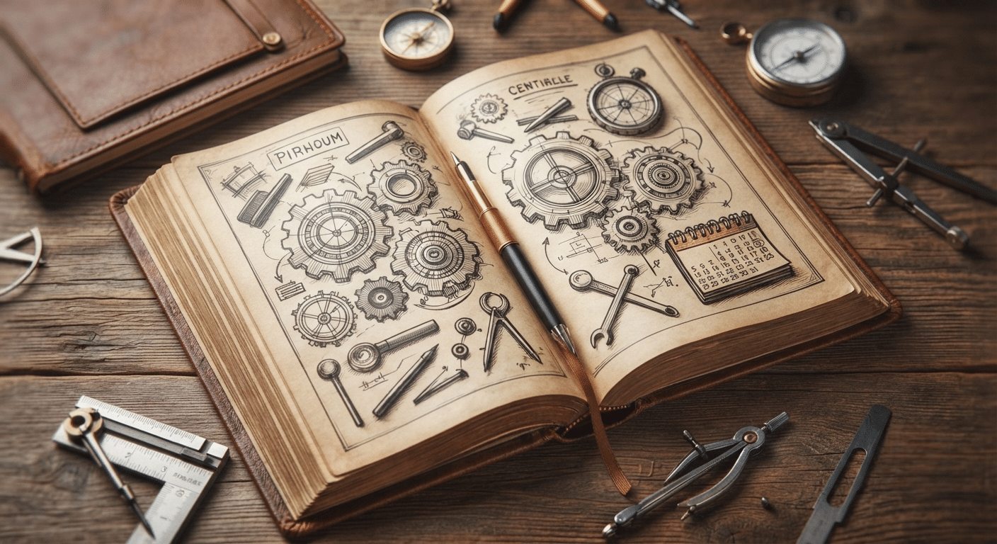 Gemini Generated Image Recdjtrecdjtrecd Photoroom | Zzeem | Zzeem Open Vintage Notebook with Hand-drawn Gears and Mechanical Diagrams on a Wooden Workbench, Surrounded by Drafting Tools.