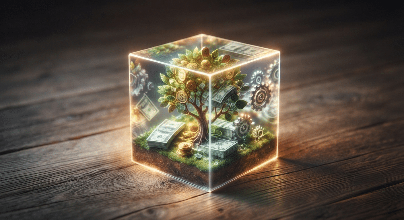 Gemini Generated Image Rpenfurpenfurpen Photoroom | Zzeem | Zzeem Glowing Glass Cube Containing a Money Tree with Dollar Bills and Coins, Symbolizing Financial Growth on a Wooden Surface