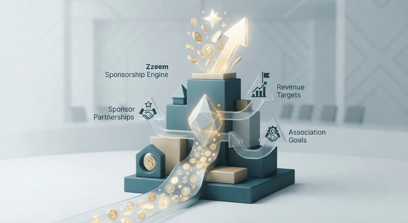 3d Infographic of Stacked Blocks with a Glowing Upward Arrow and Coins, Labeled Sponsorship Engine, Sponsor Partnerships, Revenue Targets, and Association Goals.