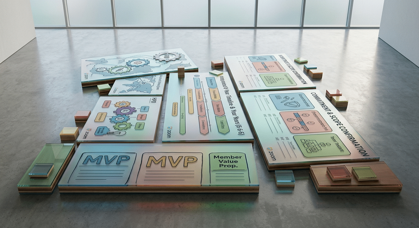Overhead View of Large Presentation Boards Laid on a Concrete Floor, Displaying a Business Process Infographic with Gears, Flow Ribbons, and Mvp/value Proposition Panels.