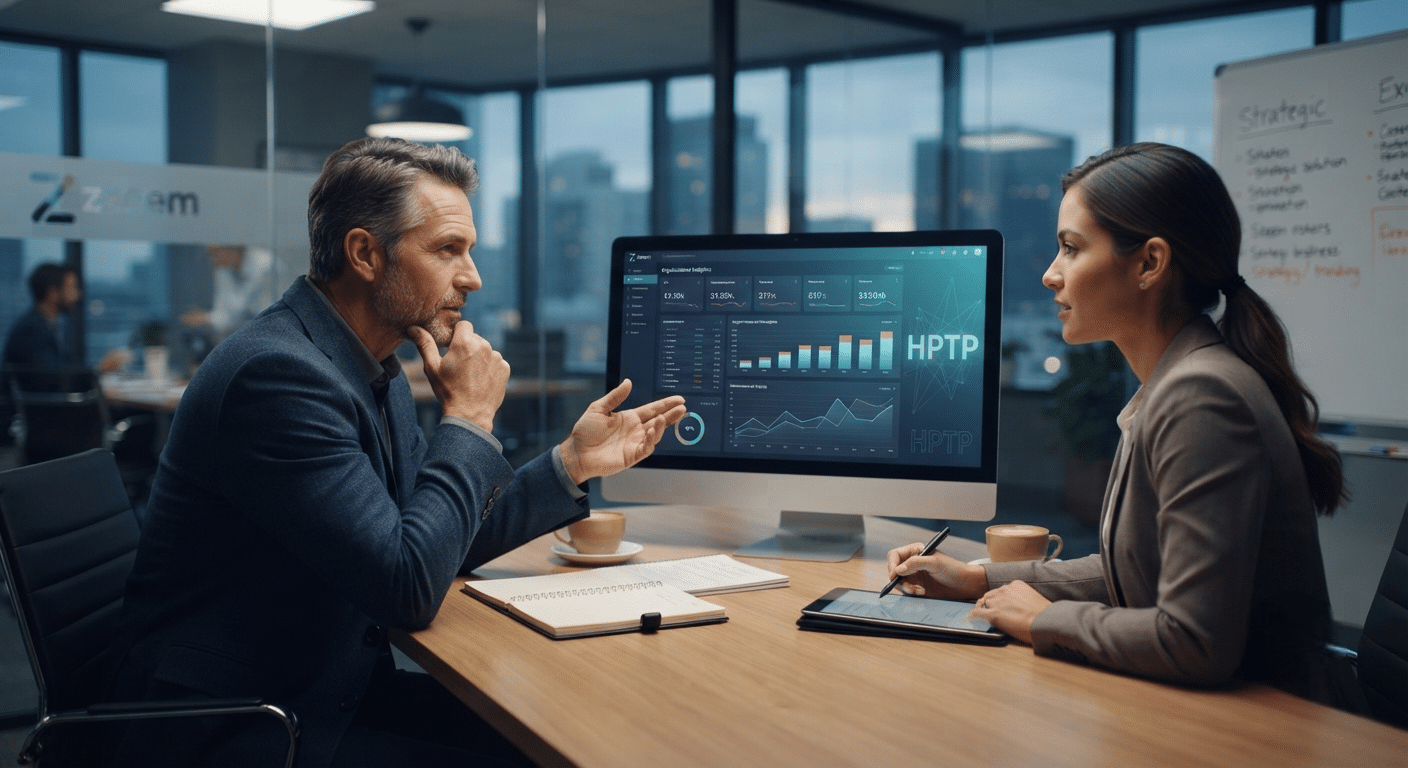 Two Colleagues Discuss Data on a Large Monitor Showing Charts in a Modern Office, with Notebooks and Coffee Cups on the Table.