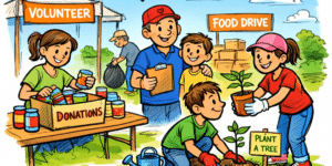 Cartoon volunteers at a community event: donations box on a table, people handing out cans, and a child planting a sapling with a sign saying 'Plant a Tree'
