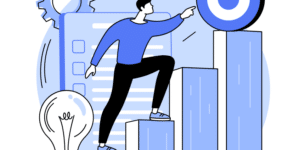 Person climbing blue steps toward a large target circle, symbolizing goal achievement and progress.