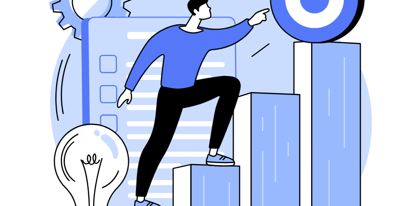 Person Climbing Blue Steps Toward a Large Target Circle, Symbolizing Goal Achievement and Progress.