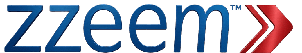 Zeem logo in blue lowercase letters with a red chevron to the right.